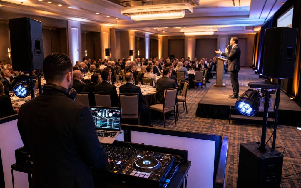 Corporate event DJ and MC setup with professional sound system and lighting in Florida
