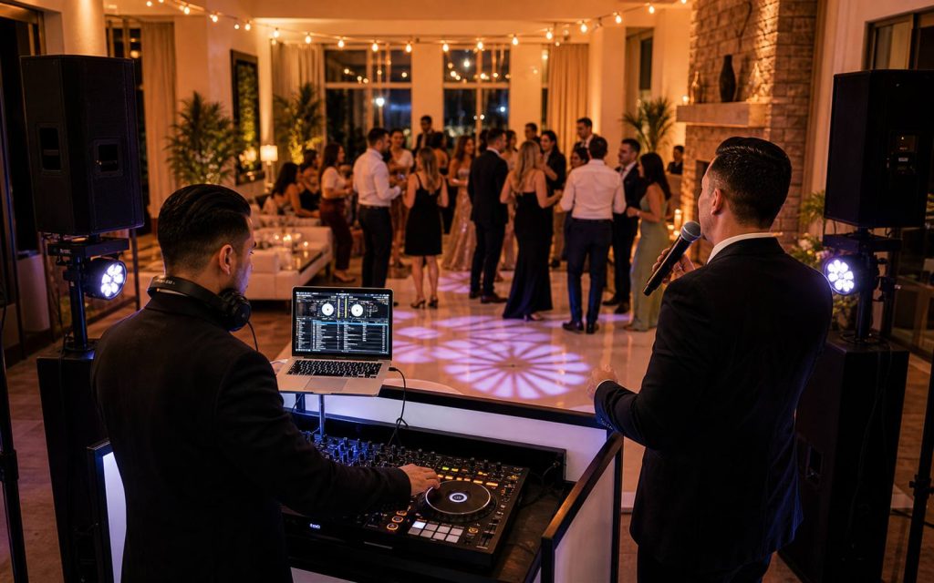 Private event DJ and MC services with sound system and dance floor lighting in Florida