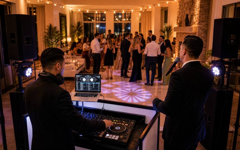 Private event DJ and MC services with sound system and dance floor lighting in Florida