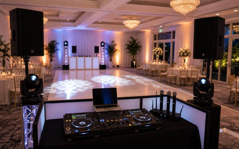 Professional sound system, wireless microphones, and event lighting setup in Florida