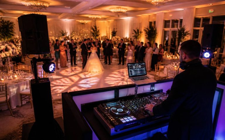 Professional wedding DJ setup with sound and lighting for a Florida wedding reception
