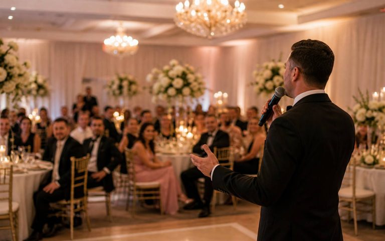 Wedding MC hosting announcements with microphone during a Florida event